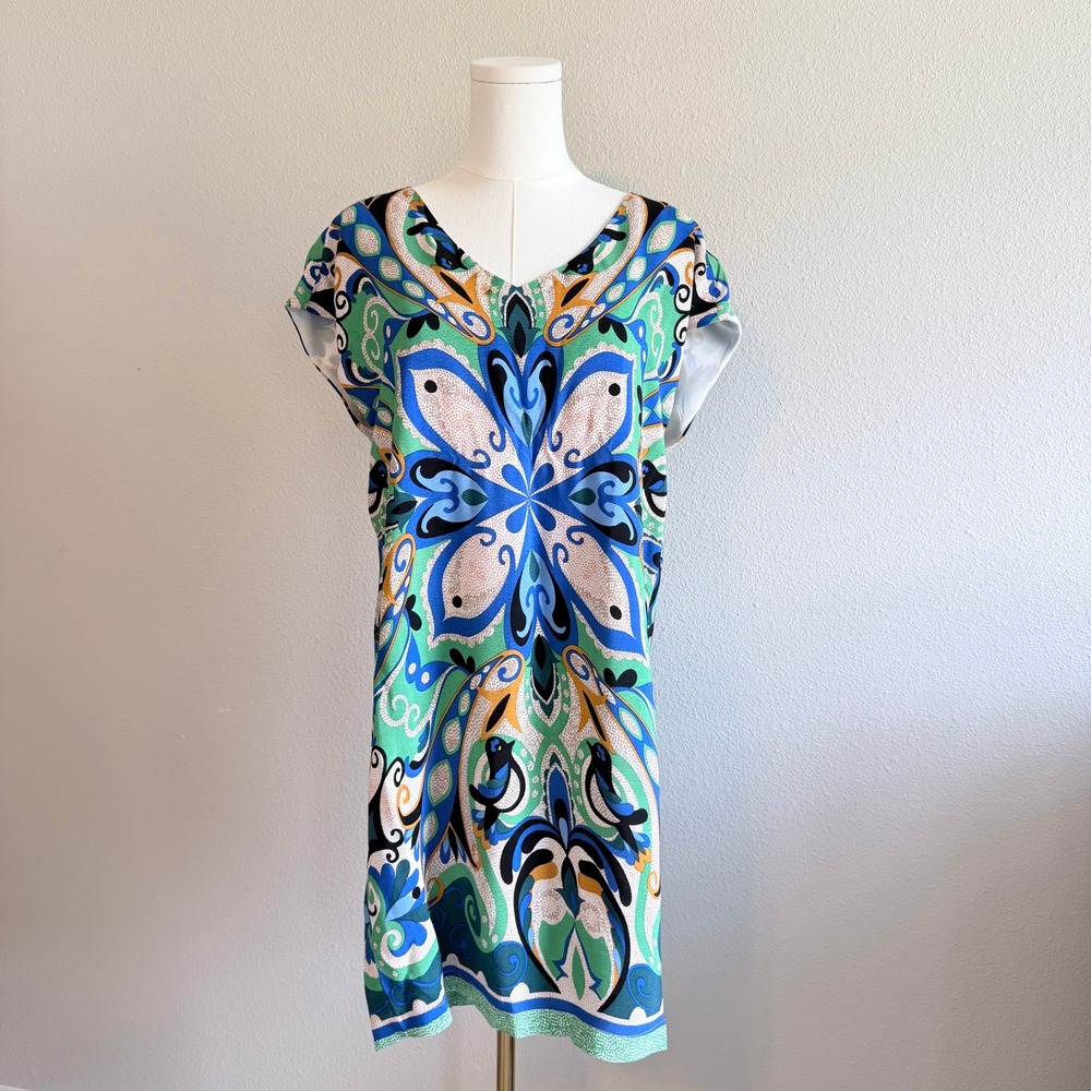 Maeve Anthropologie Folksong Blue Green Paisley Shift Dress Boho V-Neck Small